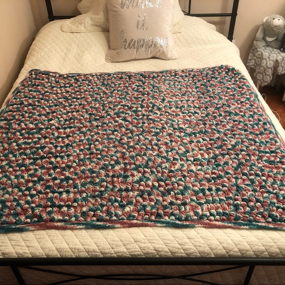 Handmade Crocheted Teal and Pink Blanket - Picture 5 of 7